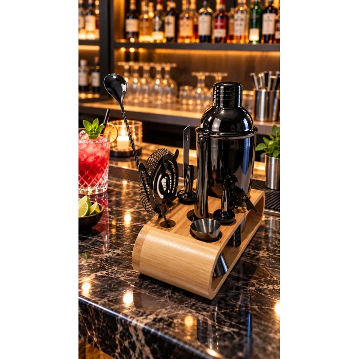 10 Parça Bambu Standlı Kokteyl Shaker Seti (700 ml)