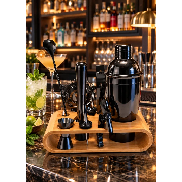 10 Parça Bambu Standlı Kokteyl Shaker Seti (700 ml)