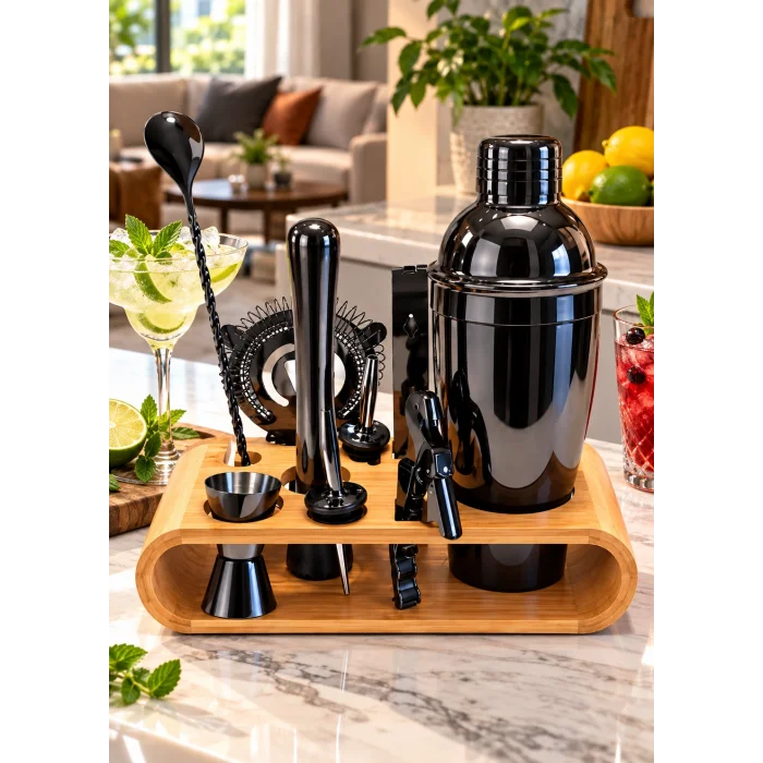 10 Parça Bambu Standlı Kokteyl Shaker Seti (700 ml)