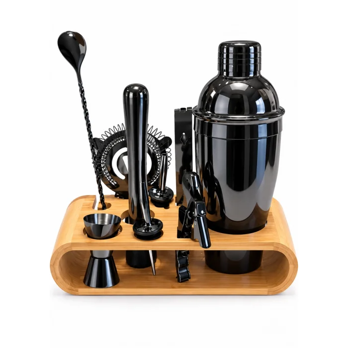10 Parça Bambu Standlı Kokteyl Shaker Seti (700 ml)