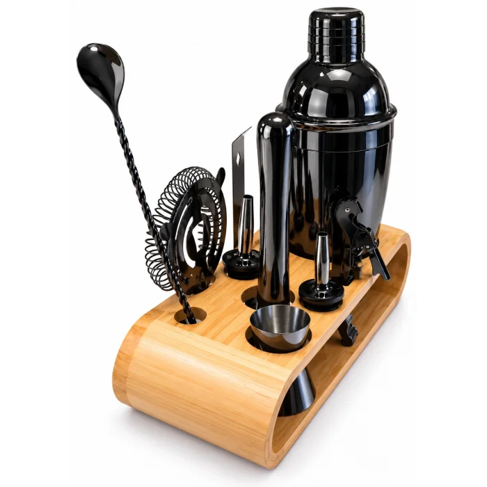 10 Parça Bambu Standlı Kokteyl Shaker Seti (700 ml)