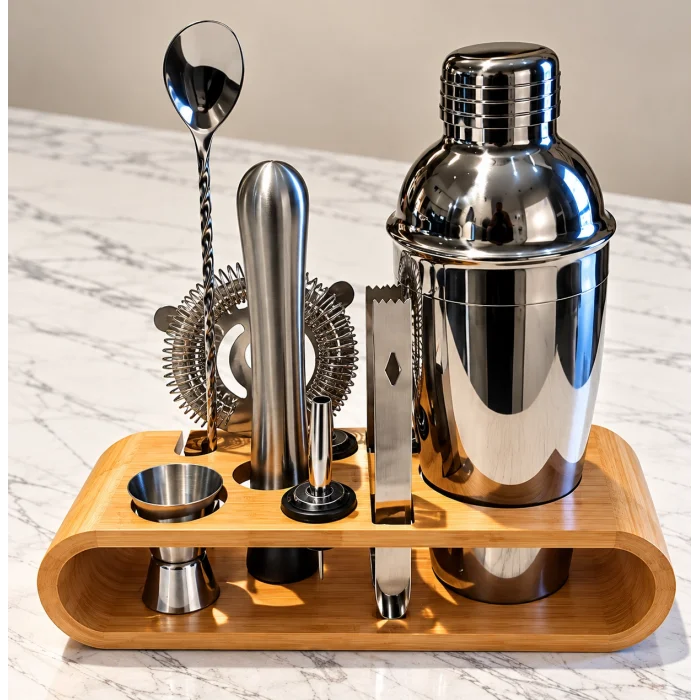 10 Parça Bambu Standlı Kokteyl Shaker Seti 750 ml
