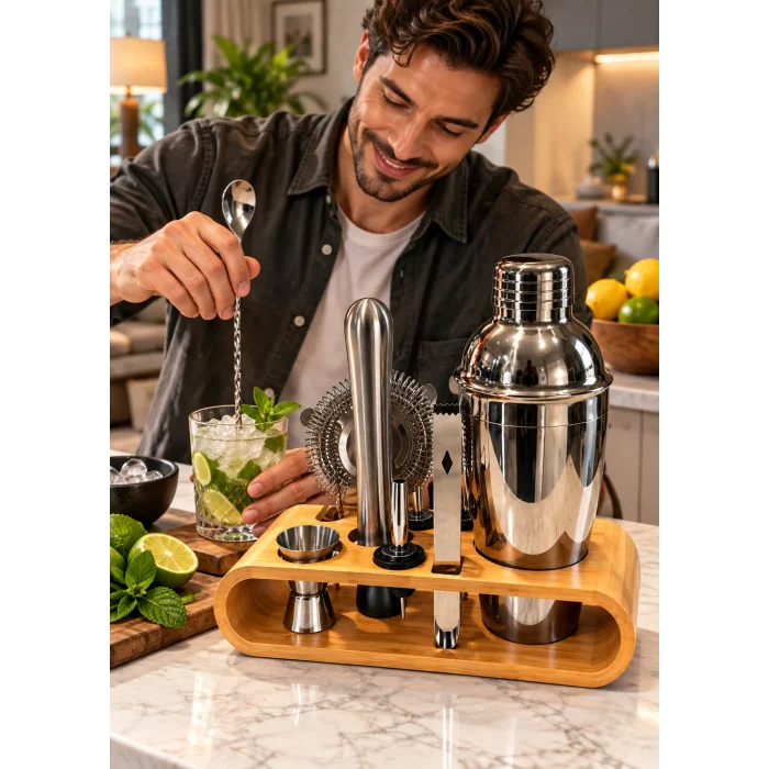 10 Parça Bambu Standlı Kokteyl Shaker Seti 750 ml