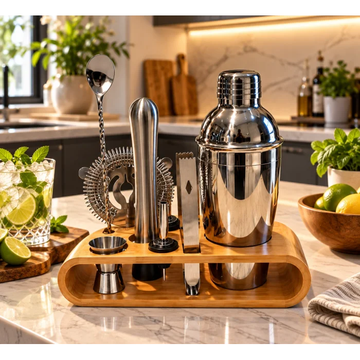 10 Parça Bambu Standlı Kokteyl Shaker Seti 750 ml