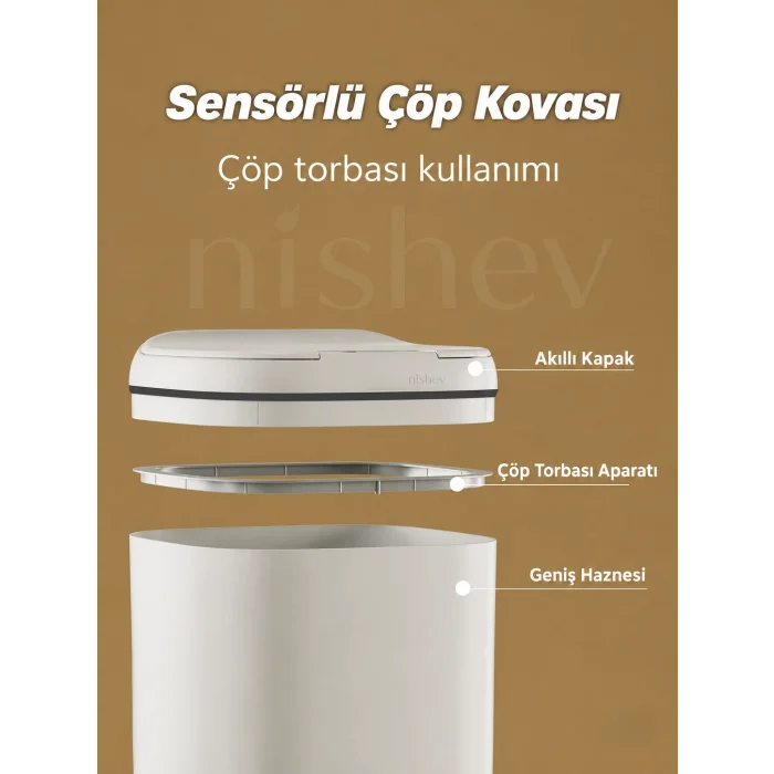 Akıllı Teknolojik Sensörlü Çöp Kovası - Mutfak Banyo Ofis 20 Lt Uv Işık Antibakteriyel Koku Geçirmez
