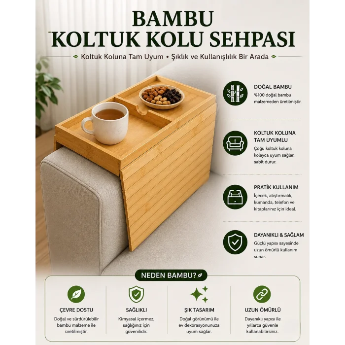 Bambu Koltuk Kolu Sehpası - Katlanabilir Koltuk Yanı Tepsi