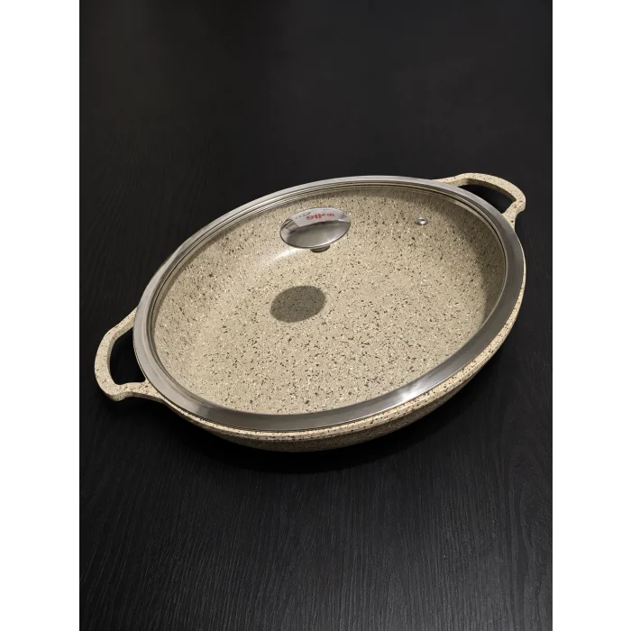 Hanımeli Granit Kaplamalı Döküm saç Tava 32cm – Lüks Mutfak Çözümü krem