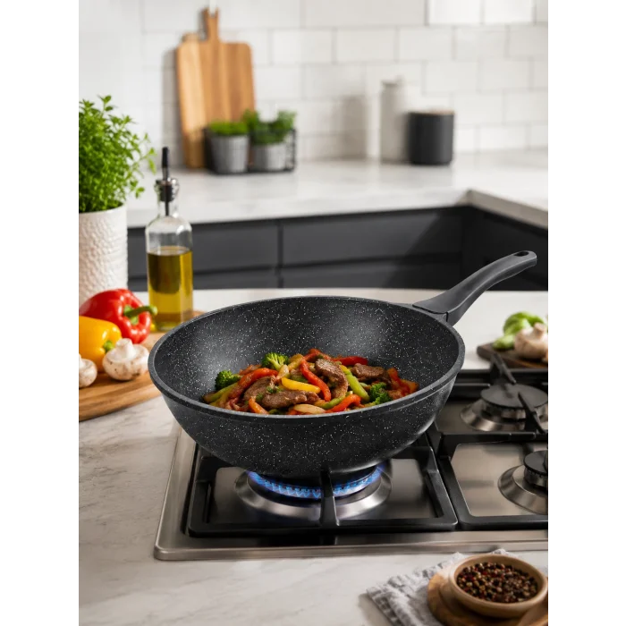 italyan tasarım 28 cm Döküm Granit Wok Tava