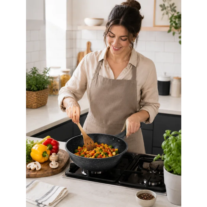 italyan tasarım 28 cm Döküm Granit Wok Tava