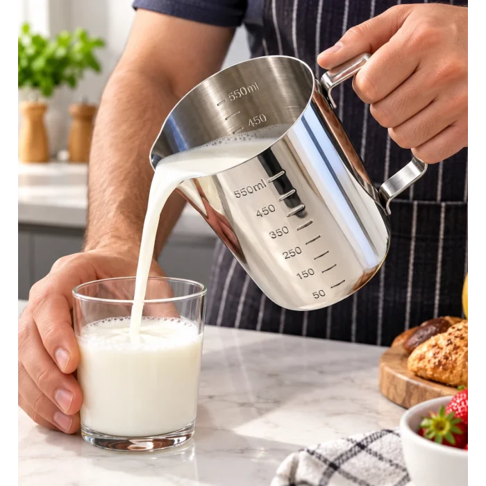 Premium Paslanmaz Çelik Ölçü ve Karıştırma Kabı 550 ml – Sütlük, Süt Potu, Barista Ölçü Kabı