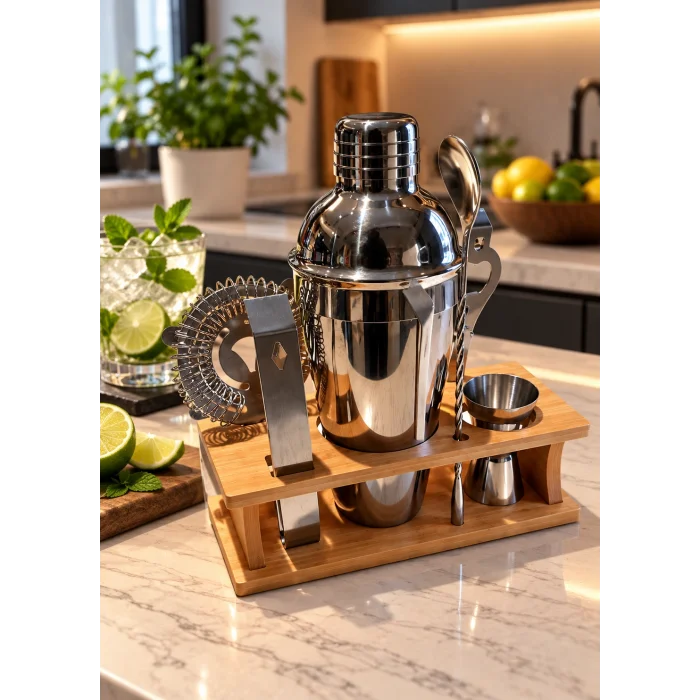 Shaker Kokteyl Set - 7 Parça 550 ml Shaker Coctail Set Bambu Standlı