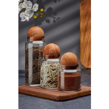 3lü Ahşap Top Kapaklı Cam Kavanoz Seti Şekerlik Çerezlik Baharatlık Vb. Saklama Kabı