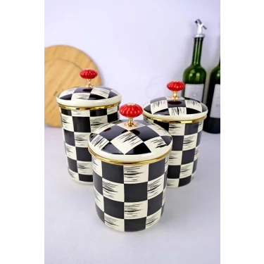 3’lü Lüks Emaye Dama Dekor Baharat Ve Kavanoz Takımı Seti 10-12-14 cm