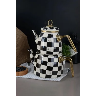 Premium Dama Desenli Siyah Beyaz Şık Çaydanlık Seti