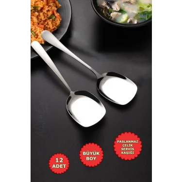 Nishev 12li Lüks Paslanmaz Çelik Servis Kaşığı Seti – 21 cm Büyük Boy