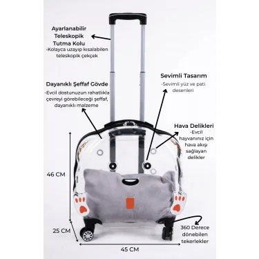 Lüks Şeffaf Çekçekli Tekerlekli Evcil Hayvan Taşıma Valizi – Büyük Model