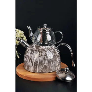 Nishv Pro Mermer Düdüklü Çelik Cam Çaydanlık Takımı – Lüks Açık Gri