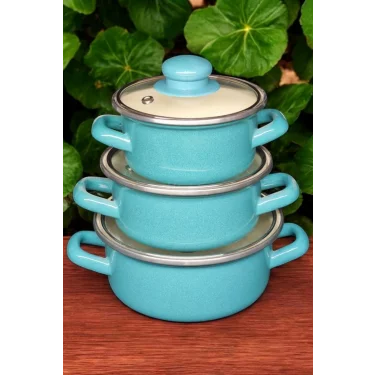 Turkuaz Premium Mini Emaye Tencere Seti – 6 Parça, 12/14/16 cm