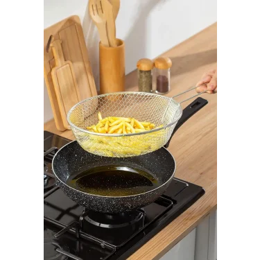 Emaye Granit Lüks Wok Tava Seti – 26 cm, Yanmaz Yapışmaz, Fritöz Sepetli