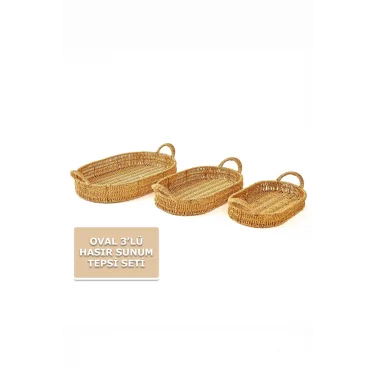 Nishev Oval 3’lü Lüks Hasır Servis Tepsi Seti