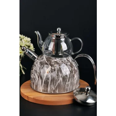 Lüks Mermer Desenli Cam Düdüklü Çaydanlık – Paslanmaz Çelik