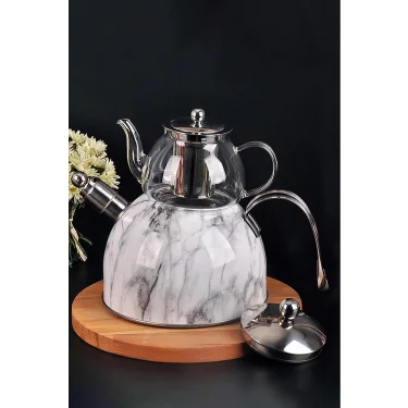 Nishev Mermer Düdüklü Çelik Cam Çaydanlık Takımı – Premium Tasarım