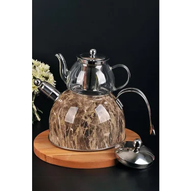 Nishev Lüks Mermer Düdüklü Çelik Cam Çaydanlık Takımı – Özel Tasarım