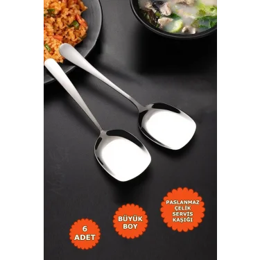 6lı Lüks Servis Kaşığı Seti Büyük Boy Paslanmaz Çelik Kaşık Salata Pasta Yemek Servis Mutfak