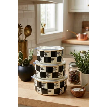 Prestij Dama Desenli Siyah-Krem Emaye 3 Lü Cam Saklama Seti