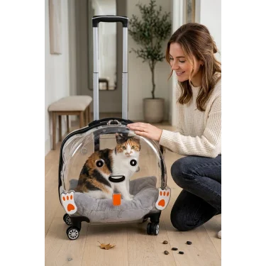 Sürülebilir Şeffaf Tekerlekli Kedi Köpek Hayvan Taşıma Çantası