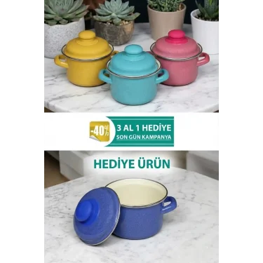 italyan tasarım Emaye Mini Tencere Seti – 12cm 900ml 3-Renk Alana 1 adet-hediye , Lüks ve Çevre Dostu