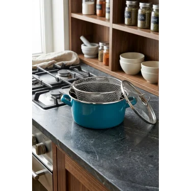 TURKUAZ LÜKSU 22 cm Emaye Fritöz Tencere – 3,5 L – İtalyan Tasarımı