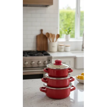 Protocol London Premium Mini Emaye Tencere Seti – Kırmızı 12/14/16 cm