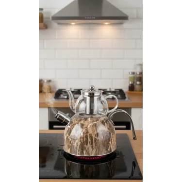 Nishev Lüks Mermer Düdüklü Çelik Cam Çaydanlık Takımı – Özel Tasarım