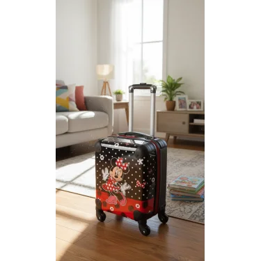 Kız Çocuklar İçin Ultra Hafif ABS Çizgi Karakter Kabin Boy Valiz – Siyah-Kırmızı Tasarım