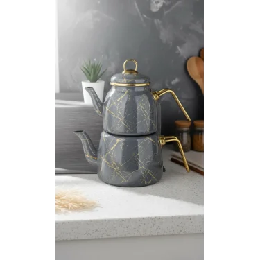 Kırık Mermer özel tasarım Çaydanlık Takımı Gri