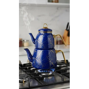 Lacivert Lüks Kırık Mermer Çaydanlık Takımı