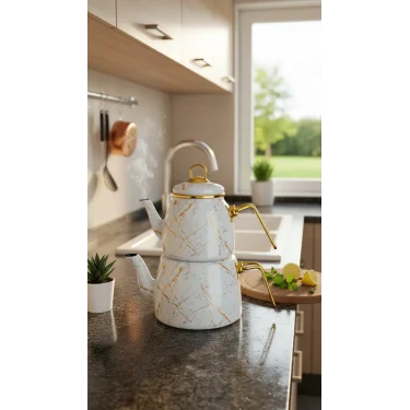 Premium Beyaz Kırık Mermer Çaydanlık Seti