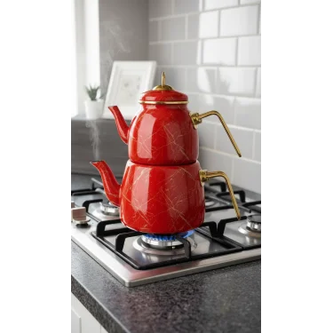 Premium Kırık Mermer Kırmızı Çaydanlık Takımı