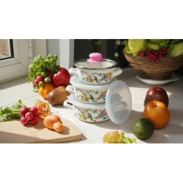 3 Parça Lüks Emaye Tencere Takımı – Vakumlu Kapaklı Saklama ve Pişirme Seti 14/16/18 Cm