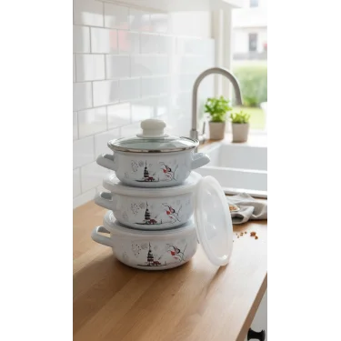 İstanbul Parça Lüks Emaye Tencere Takımı – Vakumlu Kapaklı Saklama ve Pişirme Seti 14/16/18 Cm