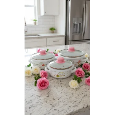 Luca Lüks Emaye Tencere Takımı – Vakumlu Kapaklı Saklama ve Pişirme Seti 14/16/18 Cm