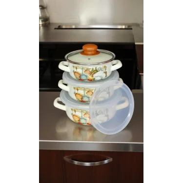 Liva Lüks Emaye Tencere Takımı – Vakumlu Kapaklı Saklama ve Pişirme Seti 14/16/18 Cm