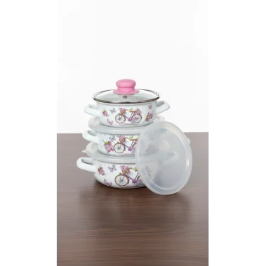 Mira Lüks Emaye Tencere Takımı – Vakumlu Kapaklı Saklama ve Pişirme Seti 14/16/18 Cm