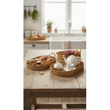 Naturel Oval 3’lü Lüks Hasır Servis Tepsi Seti