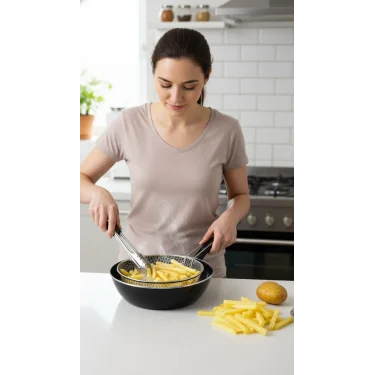 Emaye Granit Lüks Wok Tava Seti – 26 cm, Yanmaz Yapışmaz, Fritöz Sepetli