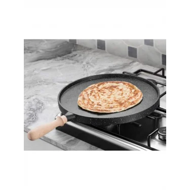 Premium Ahşap Kulplu Granit Gözleme & Bazlama Tavası 36 cm