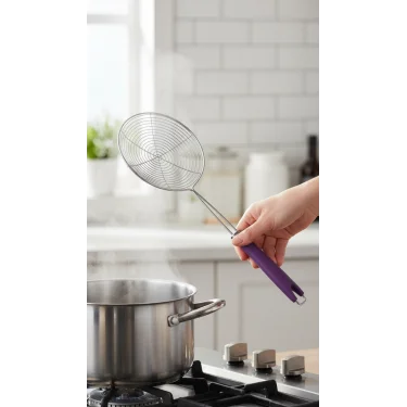 Slikon saplı çelik Kızartma Kevgir – Yağ Süzgeci ile Profesyonel Mutfak Aksesuarı