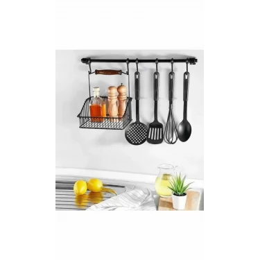 Premium Siyah Ferforje Sepetli Duvar Askılı Mutfak Düzenleyici