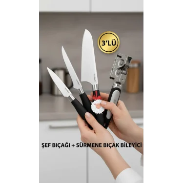 Nishev Mastercut 3lü Şef Bıçağı Seti Sürmene Bıçak Bileyici / Kurban Bayramına Özel Set
